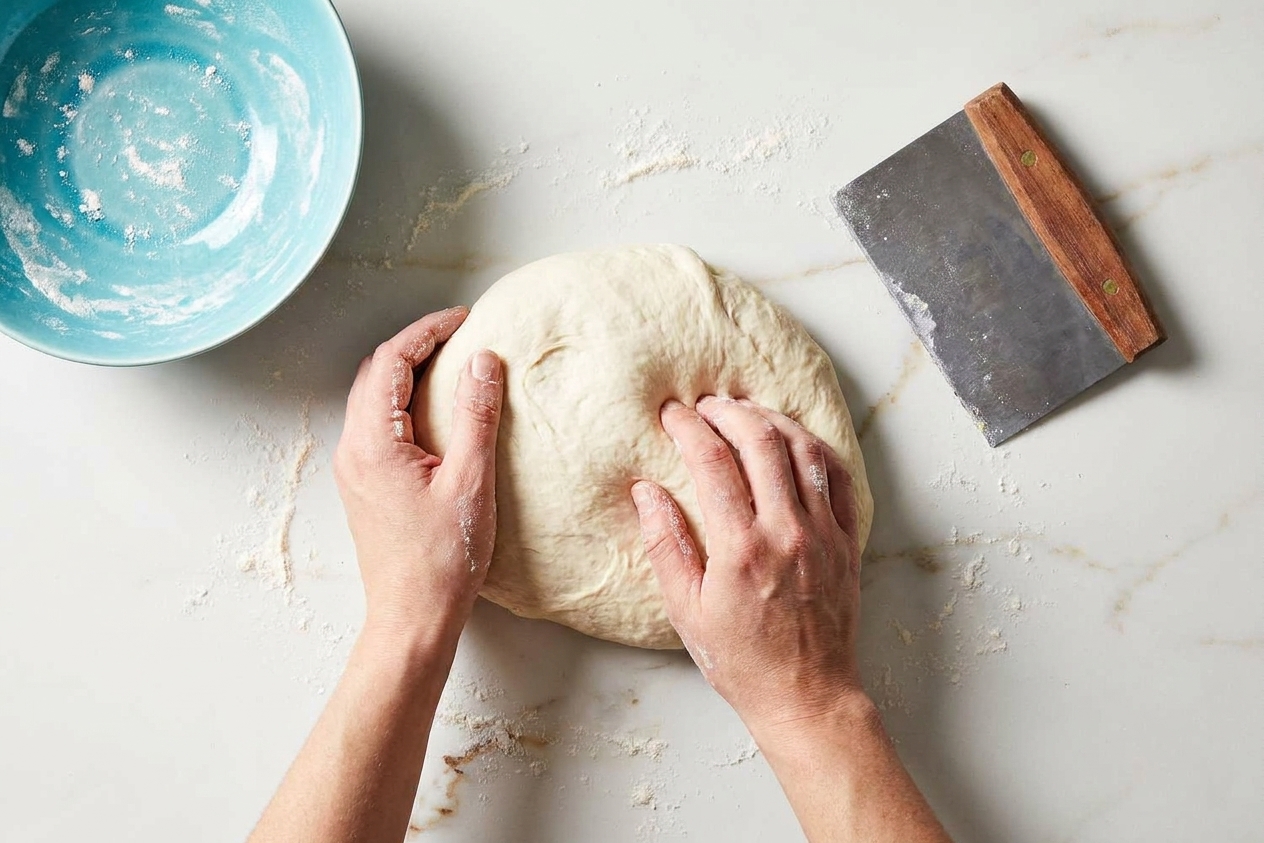 Hands kneading pizza dough on a lightly floured kitchen counter with a dough scraper nearby