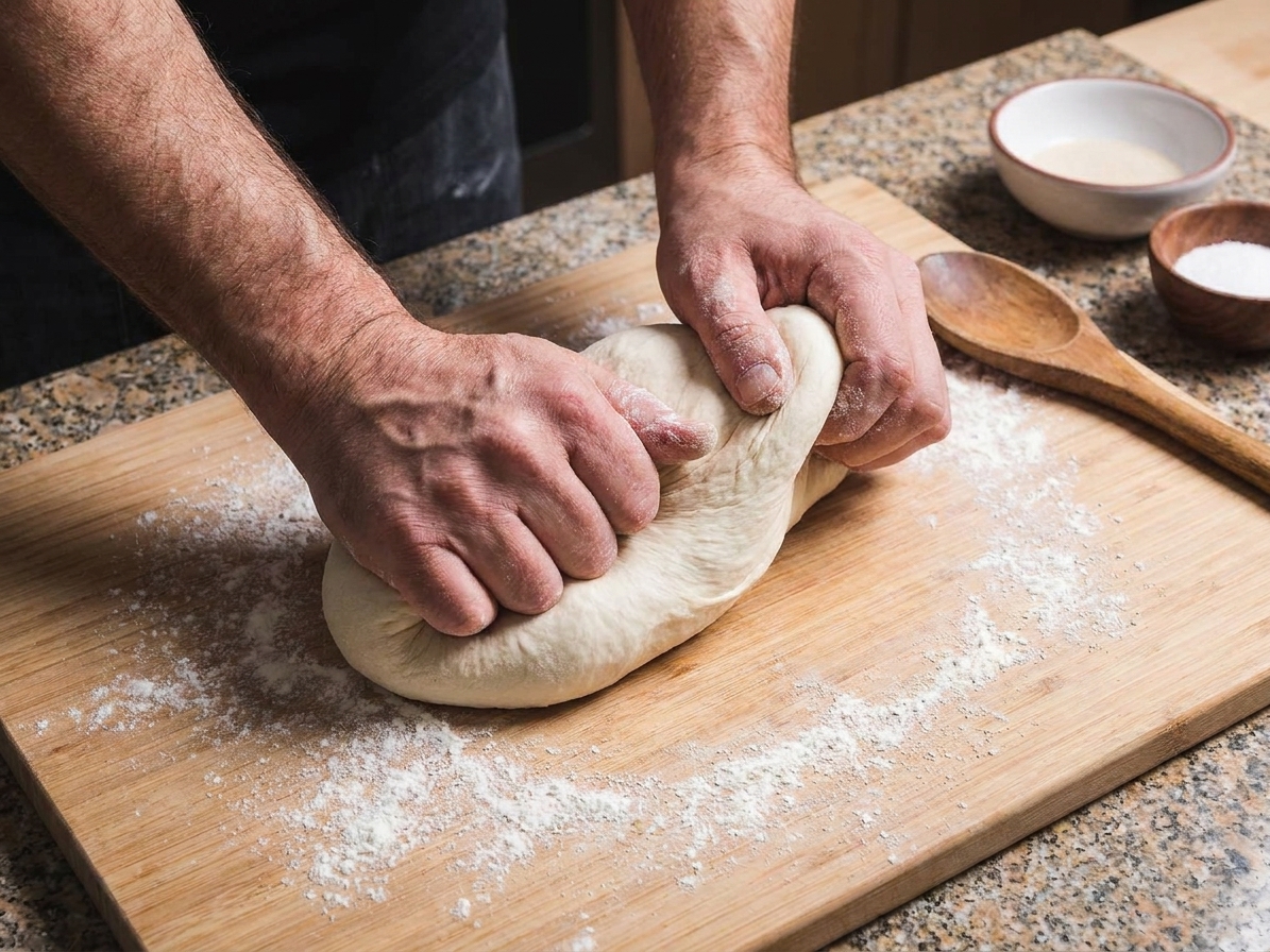 Hands kneading pizza dough on a lightly floured wooden counter as it becomes smooth and stretchy