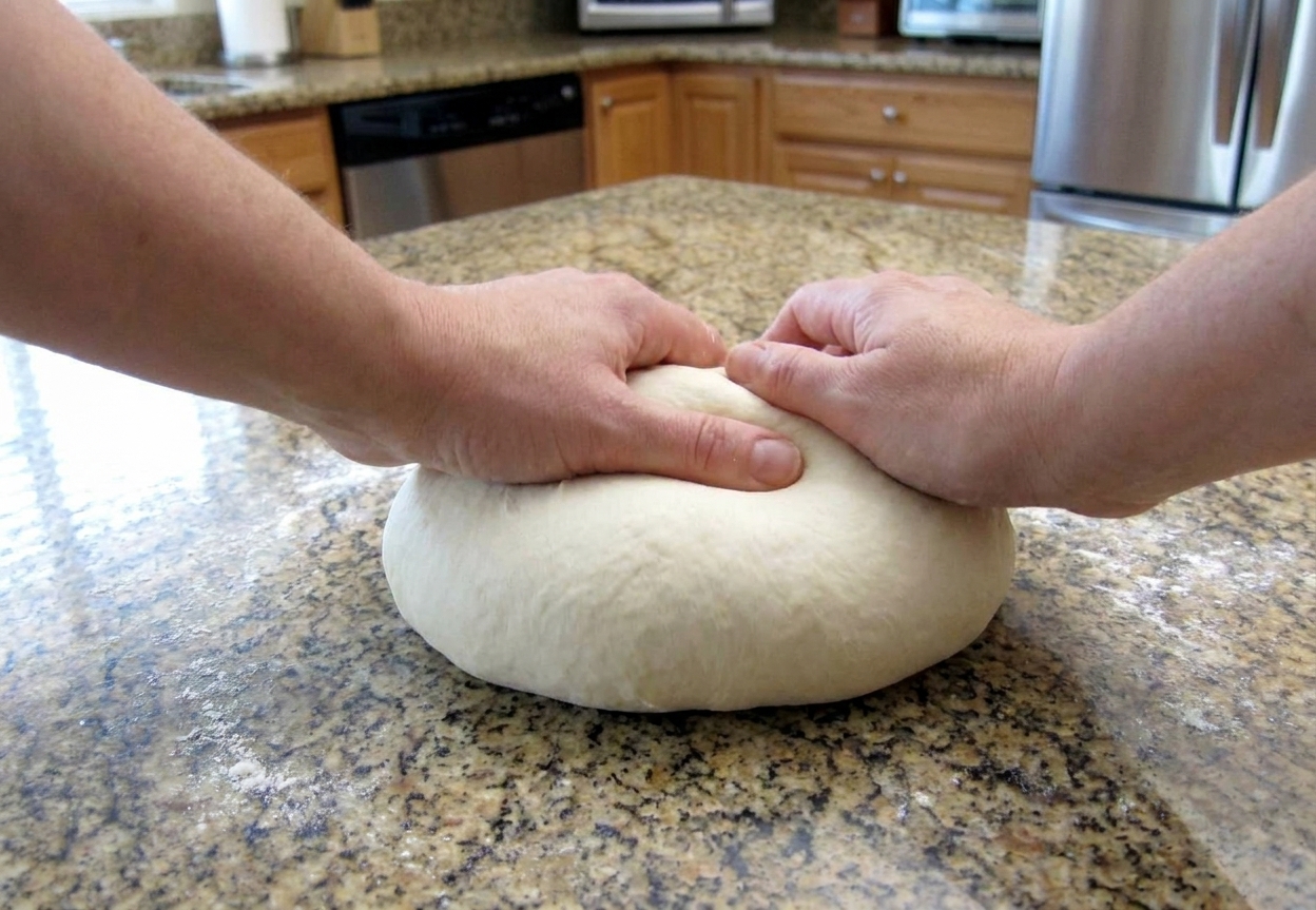 Hands kneading smooth bread dough on a lightly floured kitchen counter