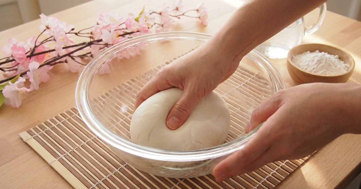 Hands kneading smooth dango dough in a glass mixing bowl on a kitchen counter