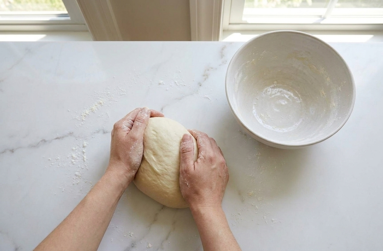 Hands kneading smooth pretzel dough on a lightly floured kitchen counter with a mixing bowl nearby