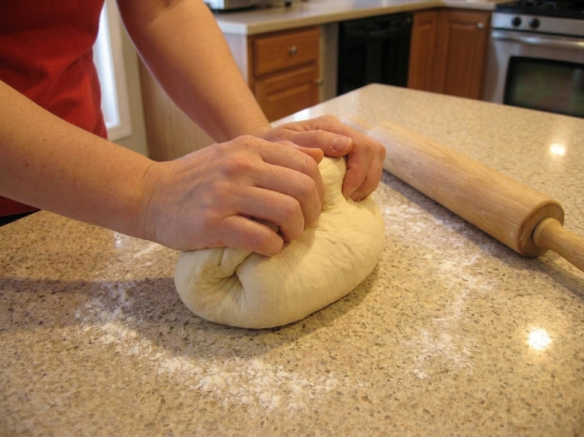 Hands kneading soft bread dough on a lightly floured countertop with a wooden rolling pin nearby