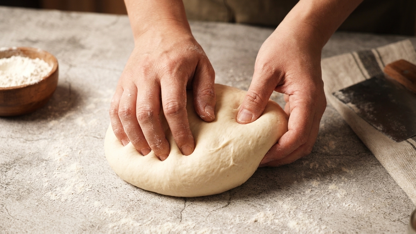 Hands kneading soft bread dough on a lightly floured countertop in a home kitchen