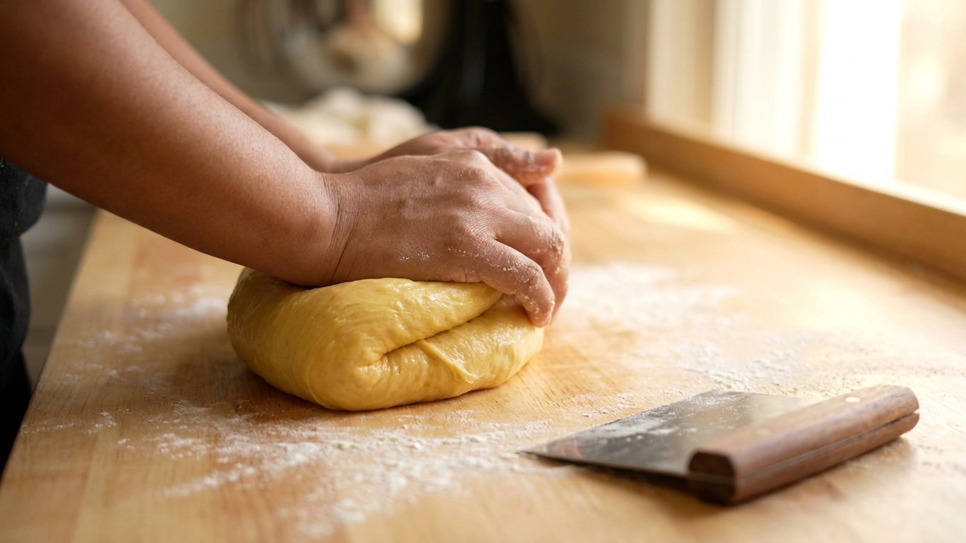 Hands kneading soft brioche dough on a lightly floured kitchen counter with a bench scraper nearby