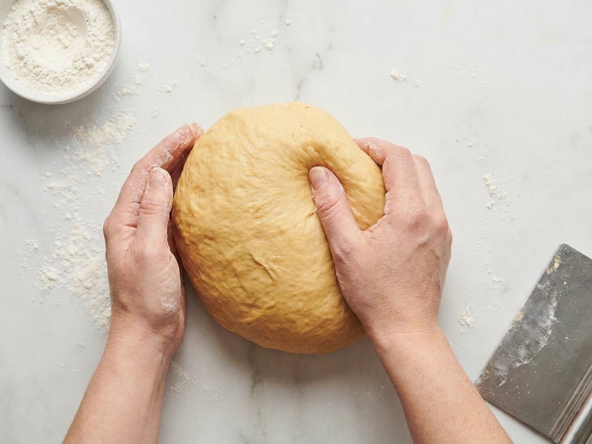 Hands kneading soft cinnamon bun dough on a lightly floured kitchen counter, the dough becoming smooth and elastic