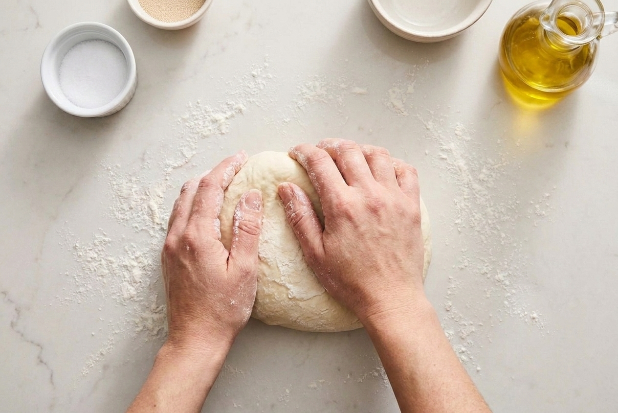 Hands kneading soft dough on a lightly floured kitchen counter with a light dusting of flour