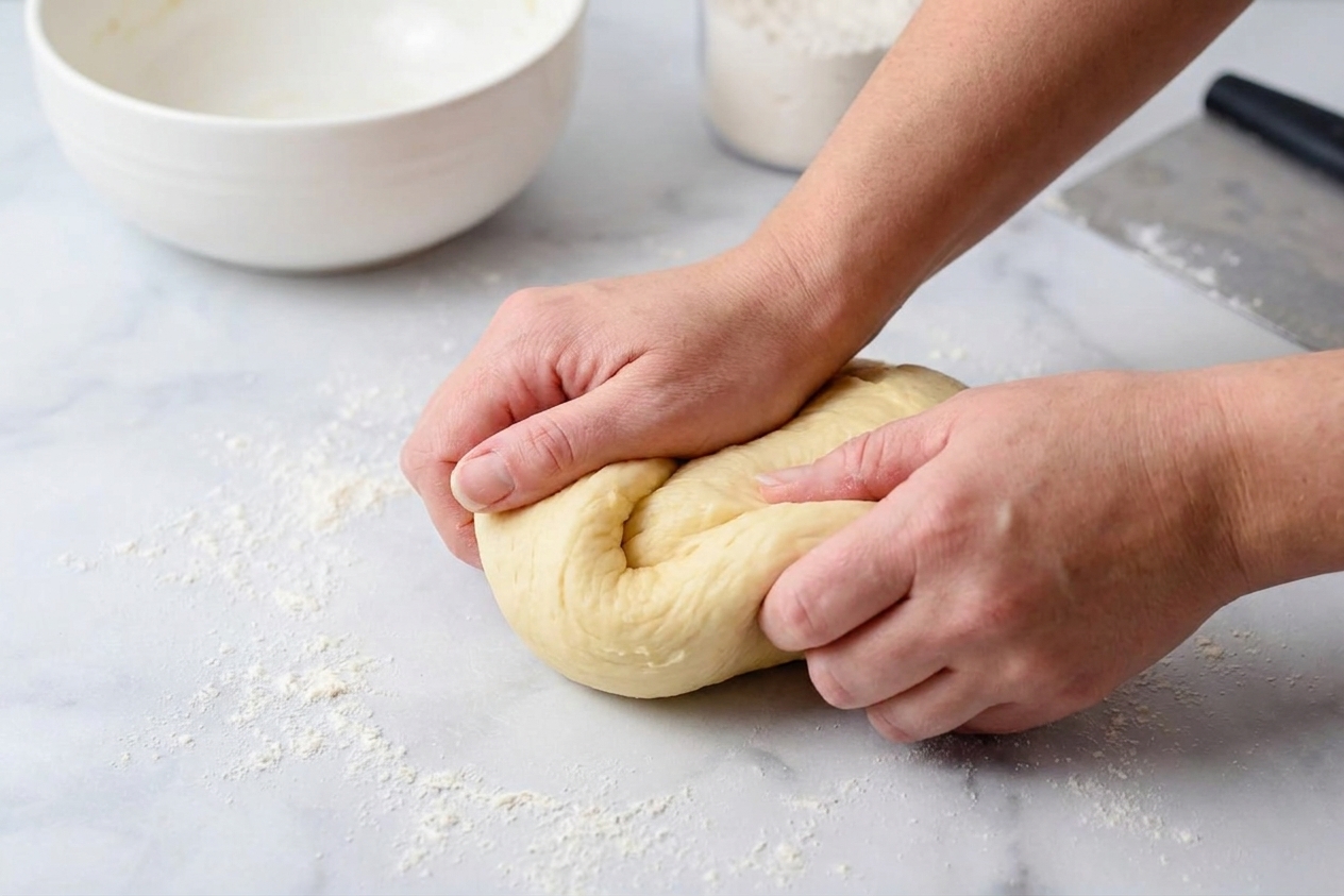 Hands kneading soft enriched dough on a lightly floured kitchen counter