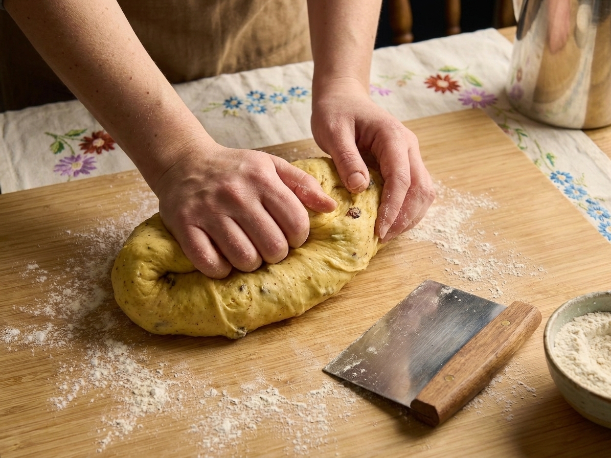 Hands kneading soft enriched dough on a lightly floured countertop with a bench scraper nearby