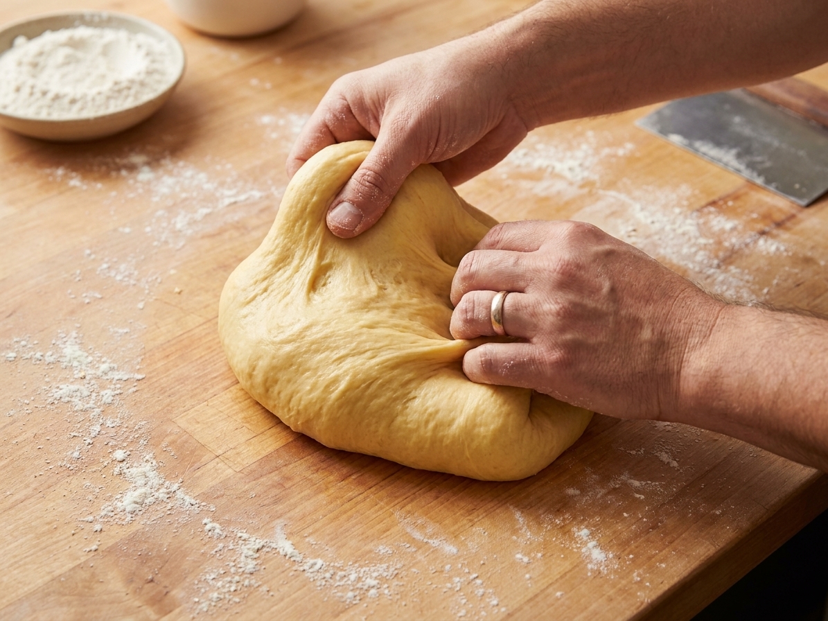 Hands kneading soft enriched dough on a lightly floured wooden counter, dough stretching and becoming smooth