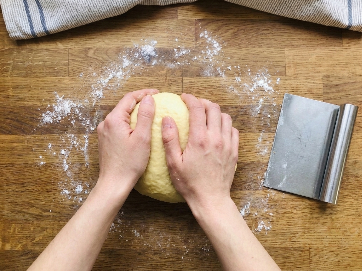 Hands kneading soft enriched dough on a lightly floured kitchen counter with a metal bench scraper nearby