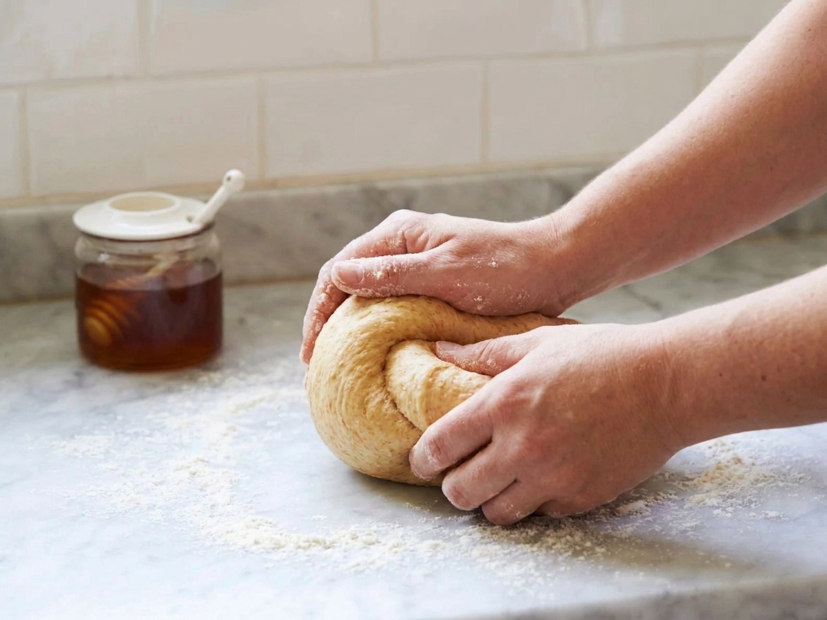 Hands kneading soft honey wheat bread dough on a lightly floured wooden counter in a bright home kitchen
