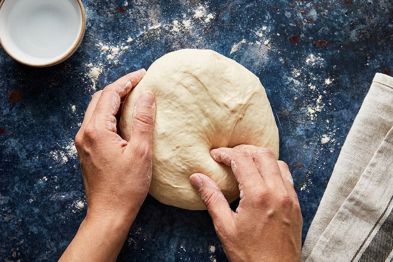 Hands kneading soft naan dough until smooth and slightly tacky