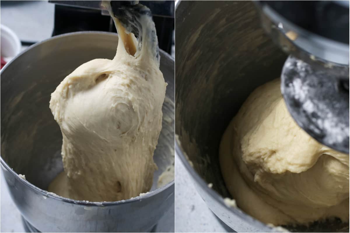 Hands kneading soft pandesal dough in a large mixing bowl on a bright kitchen counter