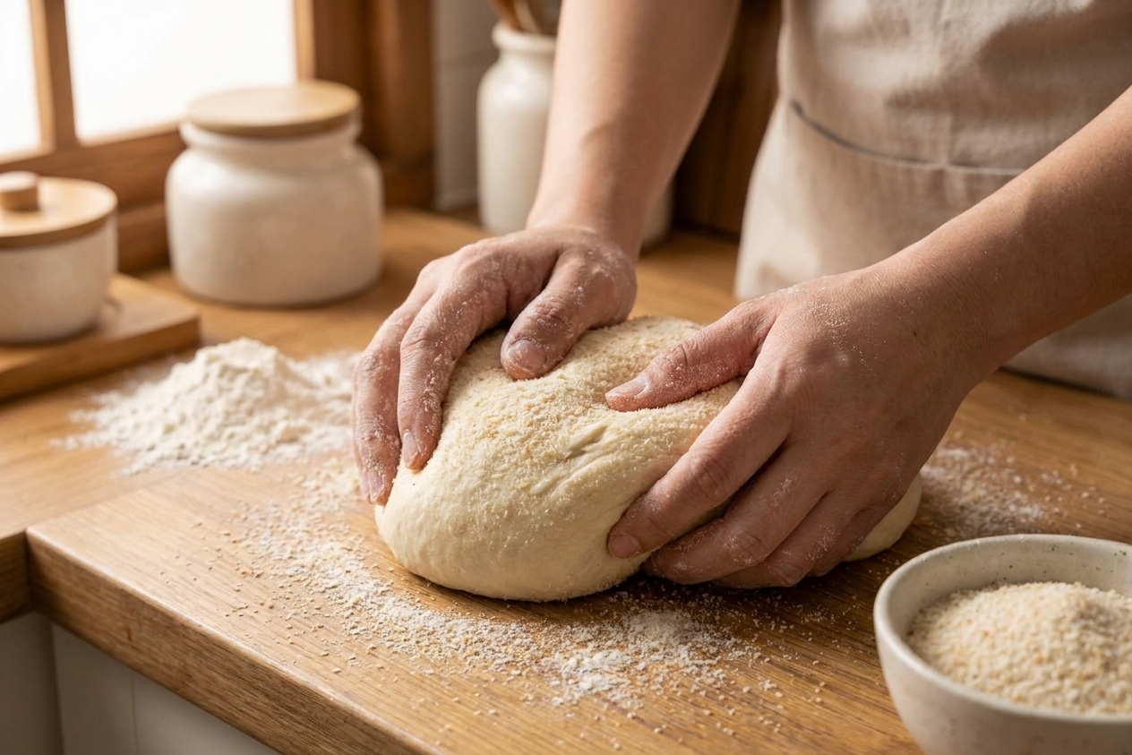 Hands kneading soft pandesal dough on a lightly floured kitchen counter