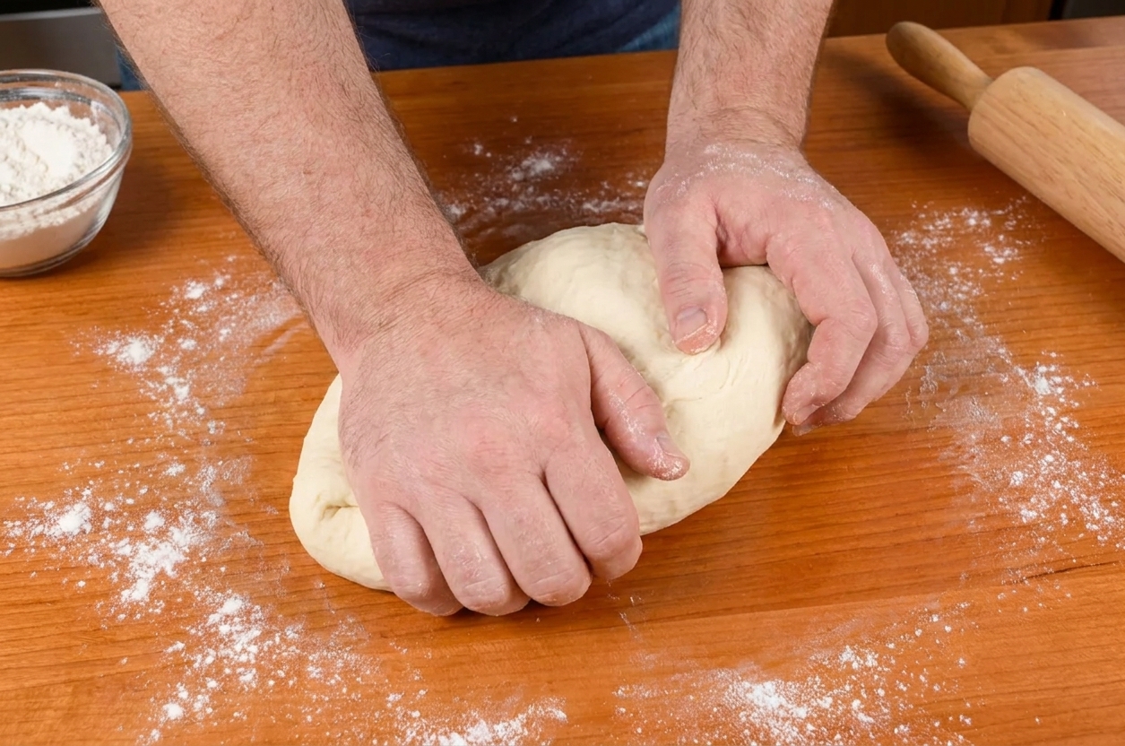Hands kneading soft potato bread dough on a lightly floured kitchen counter