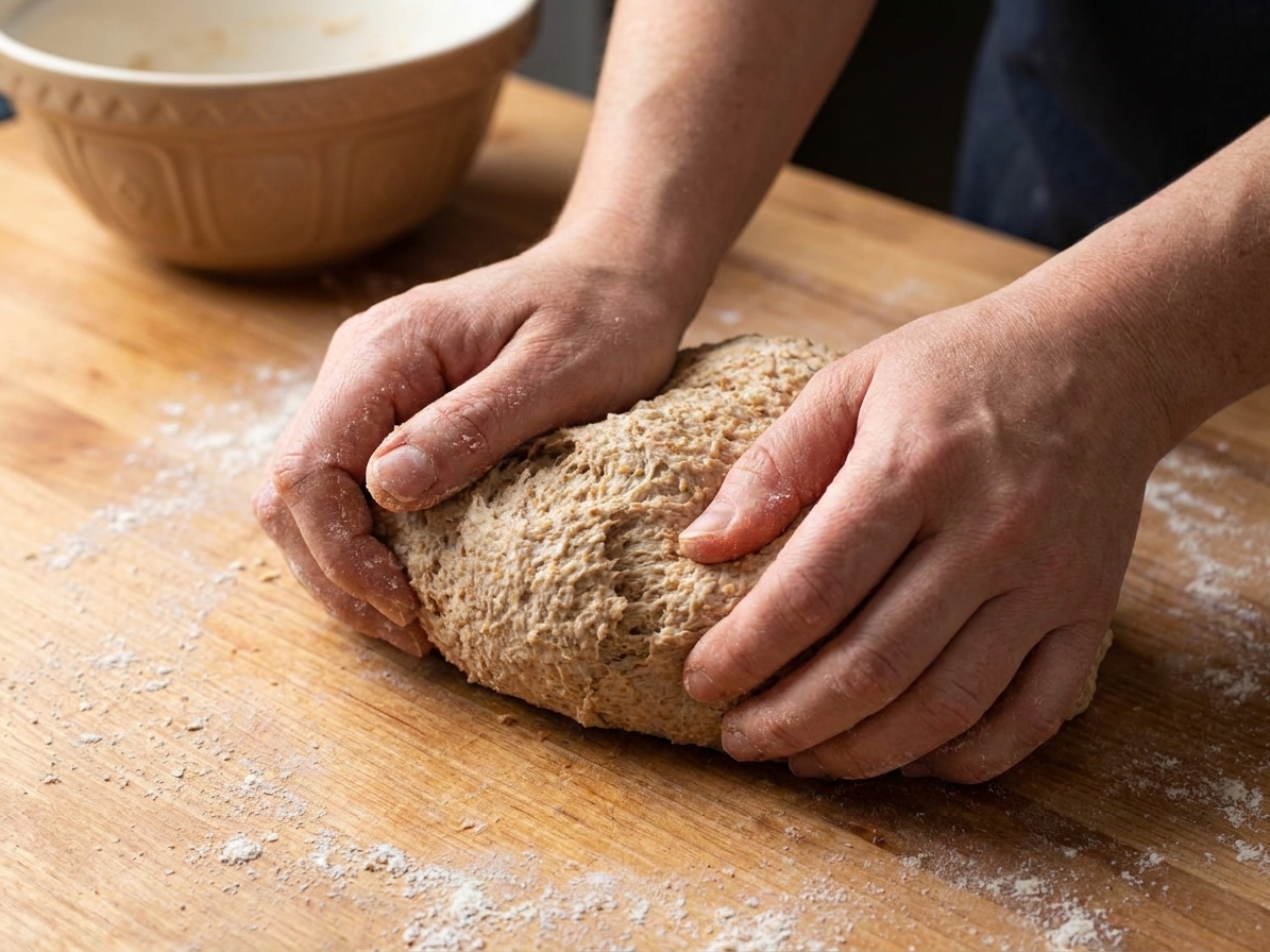 Hands kneading whole wheat bread dough on a lightly floured wooden counter with a mixing bowl in the background