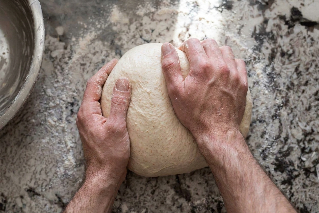 Hands kneading whole wheat bread dough on a lightly floured kitchen counter, dough becoming smooth and elastic