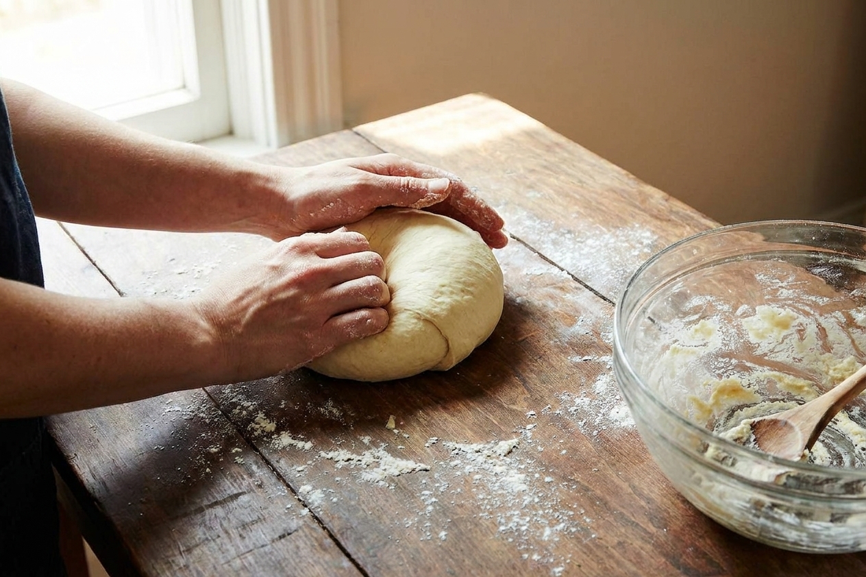 Hands kneading yeast dough on a lightly floured wooden countertop in warm kitchen light