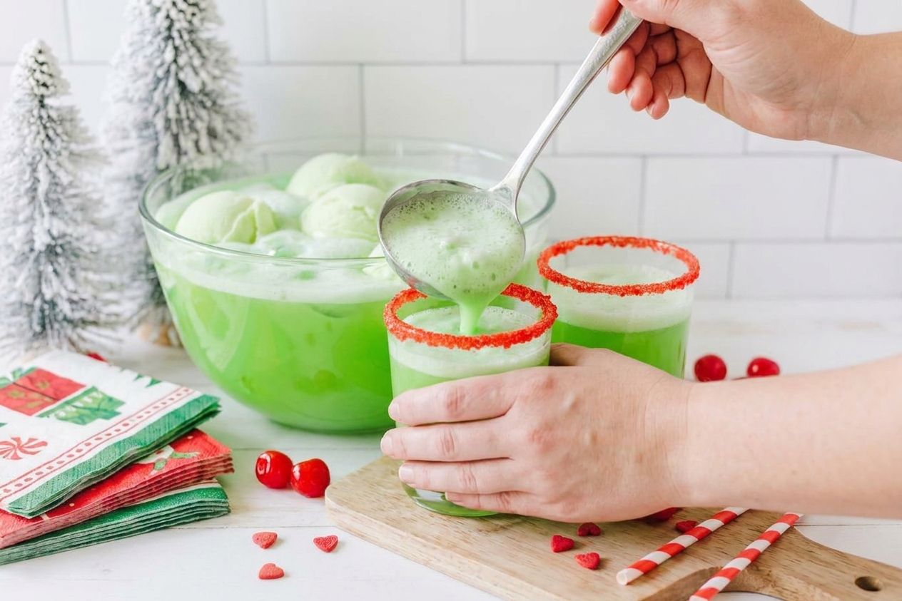 Hands ladling bright green Grinch punch with melted sherbet foam into clear cups on a kitchen counter, with a stack of napkins nearby