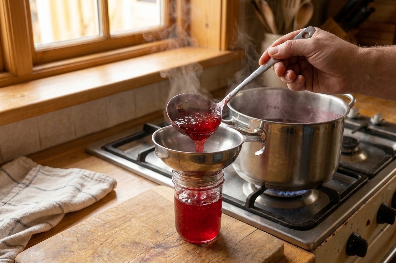 Hands ladling hot crab apple jelly into a small glass jar using a canning funnel on a kitchen counter