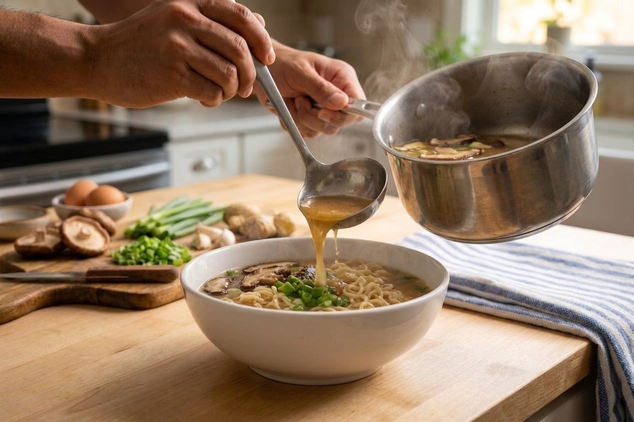 Hands ladling hot miso soy broth into a bowl of cooked ramen noodles on a kitchen counter