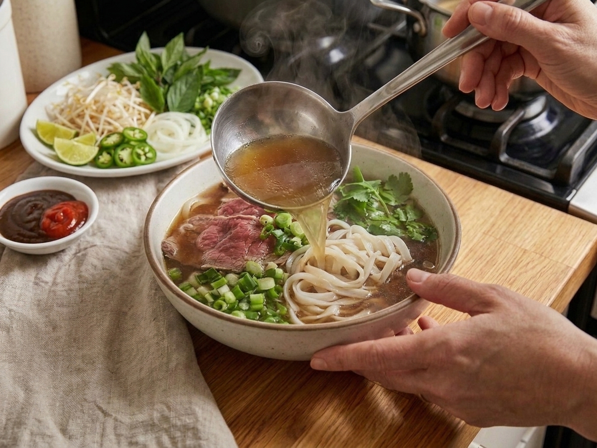 Hands ladling steaming pho broth into a bowl with rice noodles and thinly sliced beef on a kitchen table