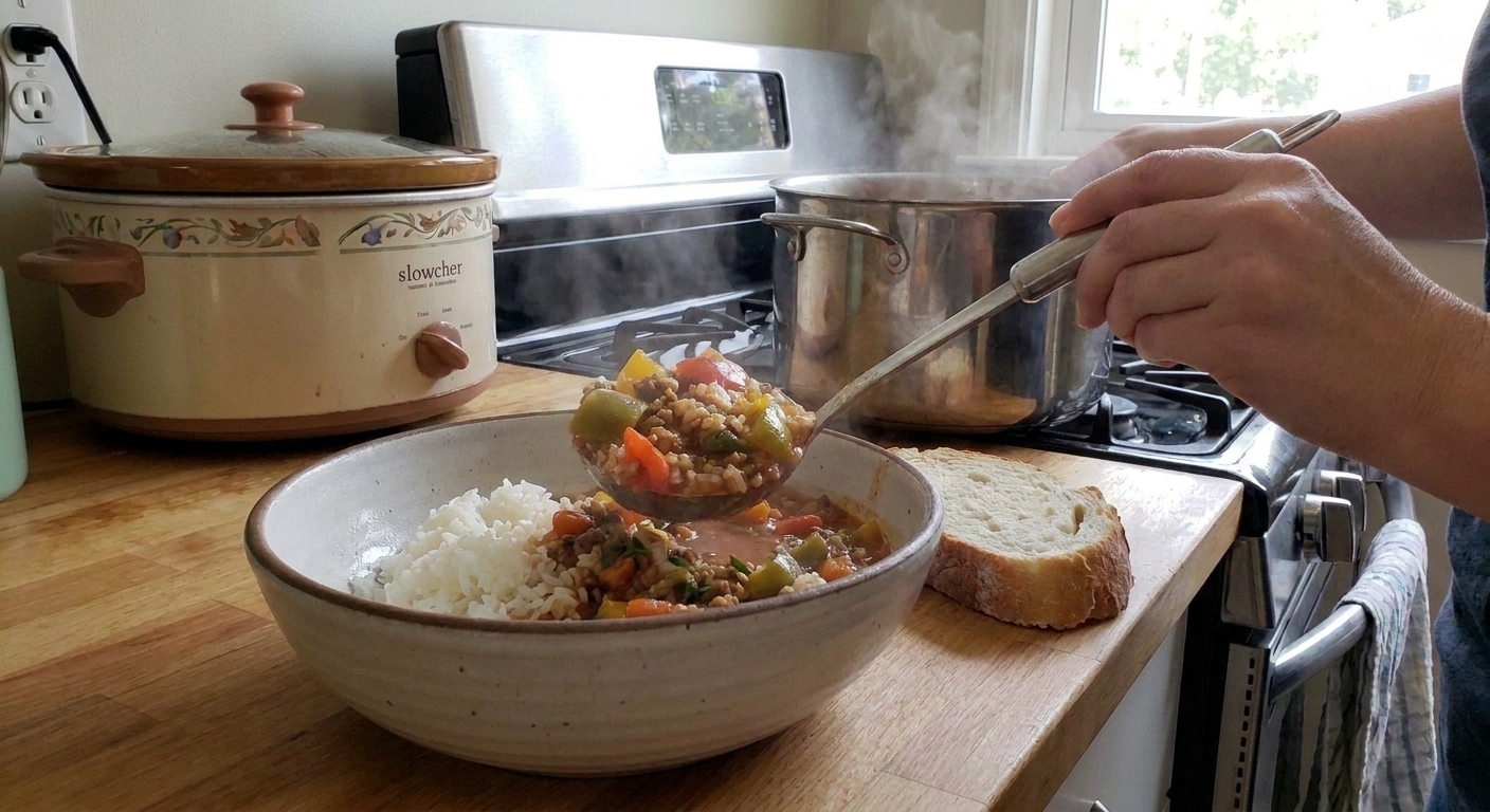 Hands ladling stuffed bell pepper soup into a bowl on a kitchen counter with cooked rice already in the bowl