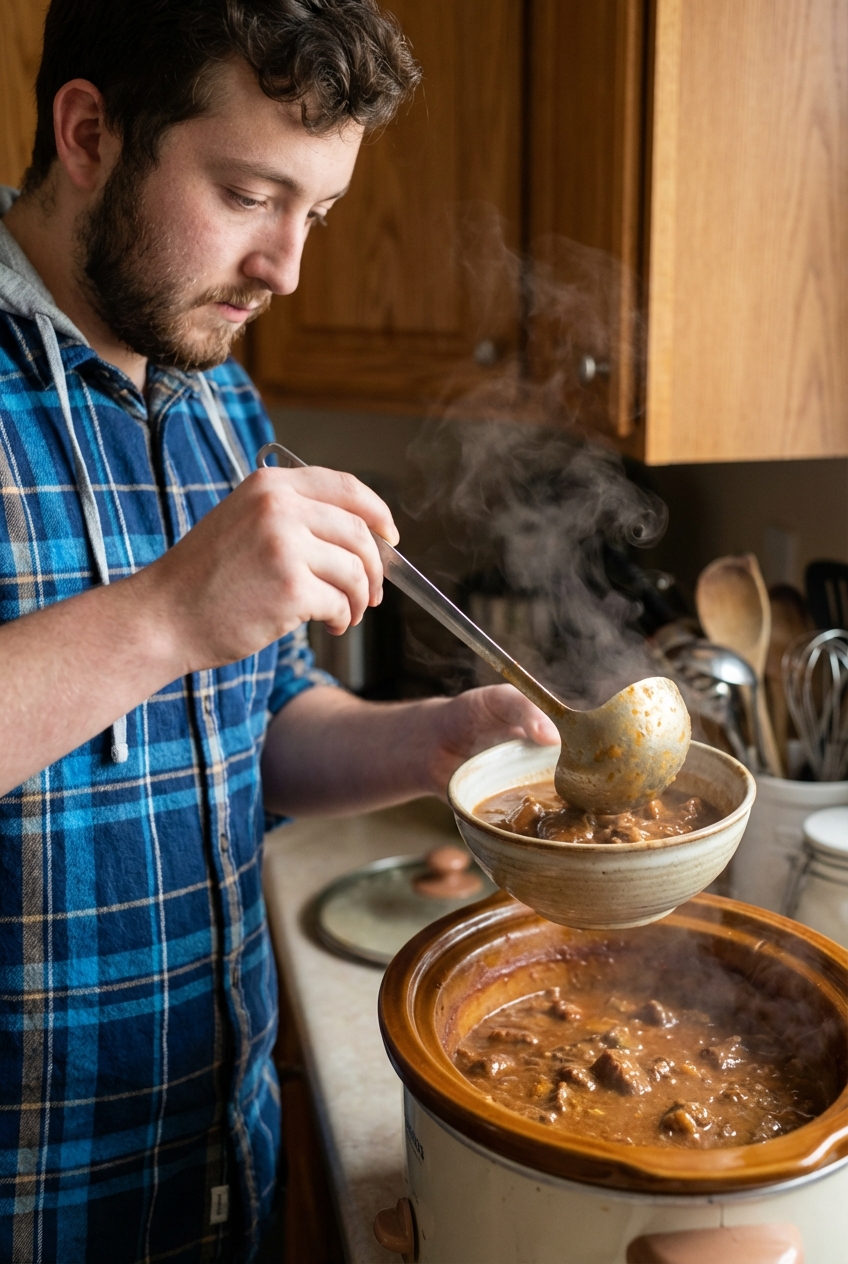 Hands ladling thick beef stew from a slow cooker into a bowl, steam rising