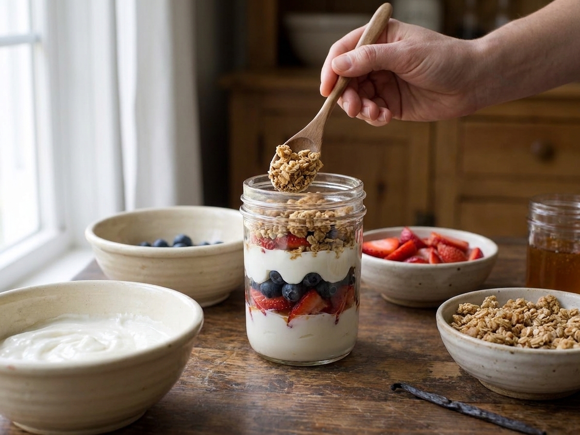 Hands layering Greek yogurt, berries, and granola into a clear glass jar on a kitchen counter