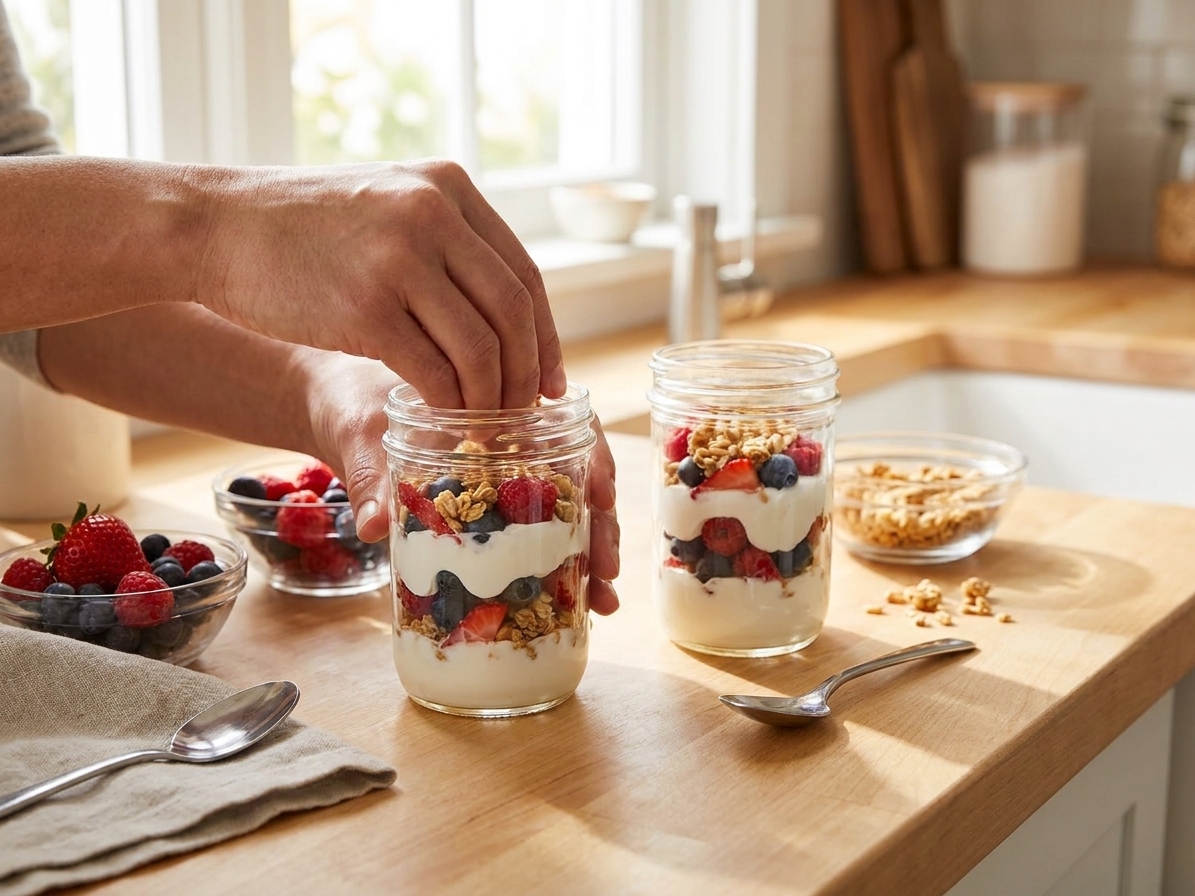 Hands layering Greek yogurt, berries, and granola into two clear jars on a bright kitchen counter