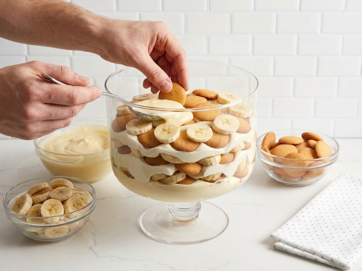 Hands layering Nilla Wafers, banana slices, and creamy pudding into a clear glass trifle dish on a kitchen counter