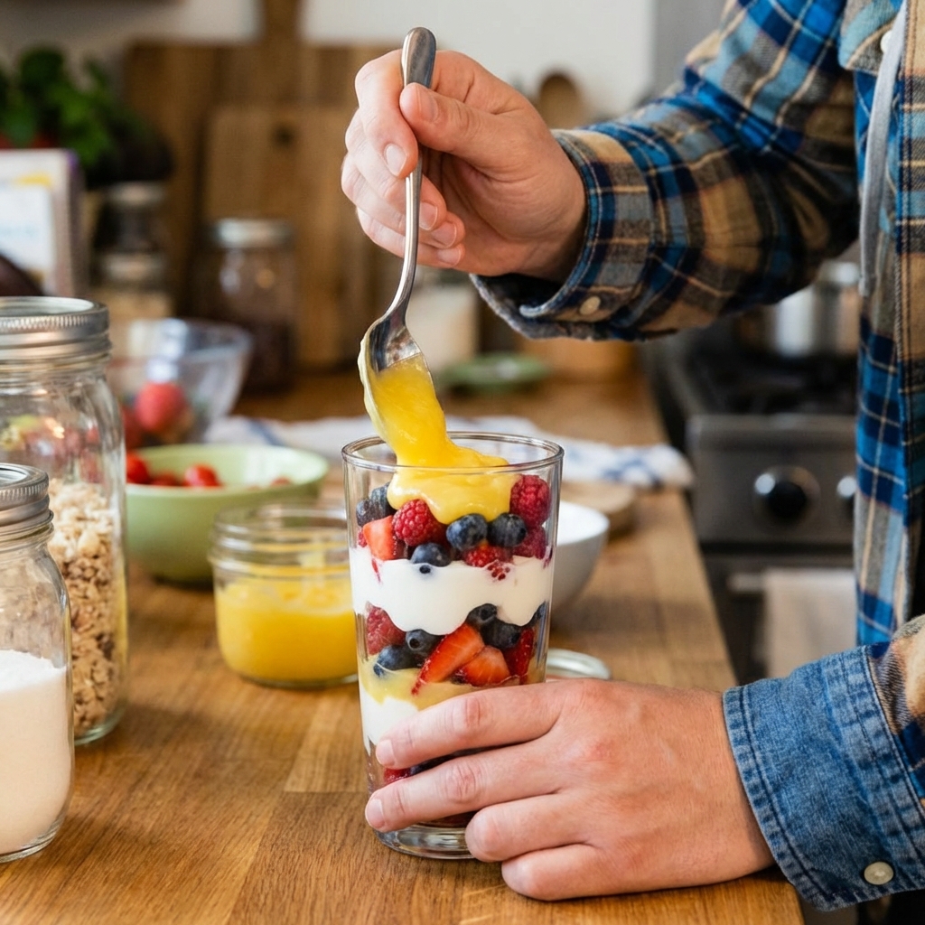 Hands layering a lemon berry parfait in a glass with a spoon