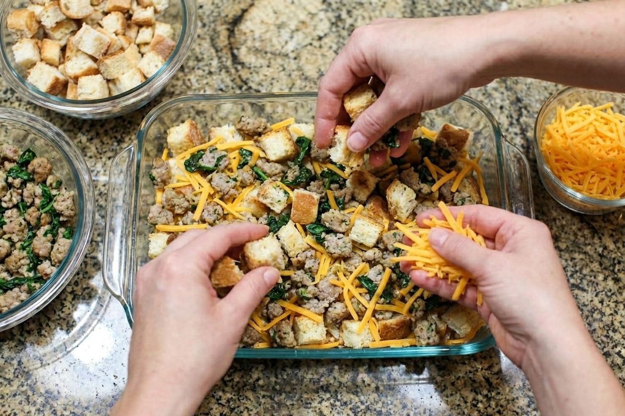 Hands layering bread cubes, sausage mixture, and shredded cheddar in a glass baking dish on a countertop