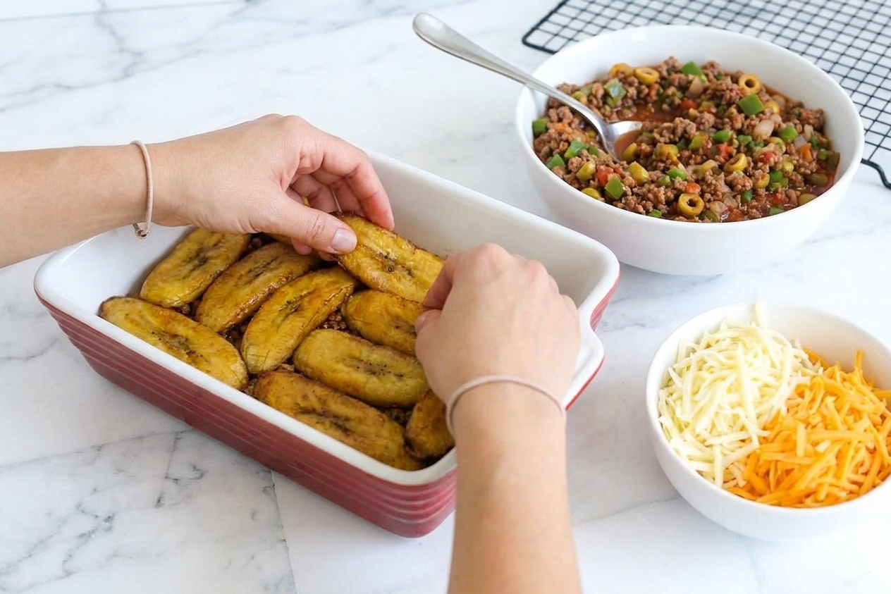 Hands layering fried plantain slices in a rectangular baking dish with a spoonful of picadillo and shredded cheese nearby on the counter