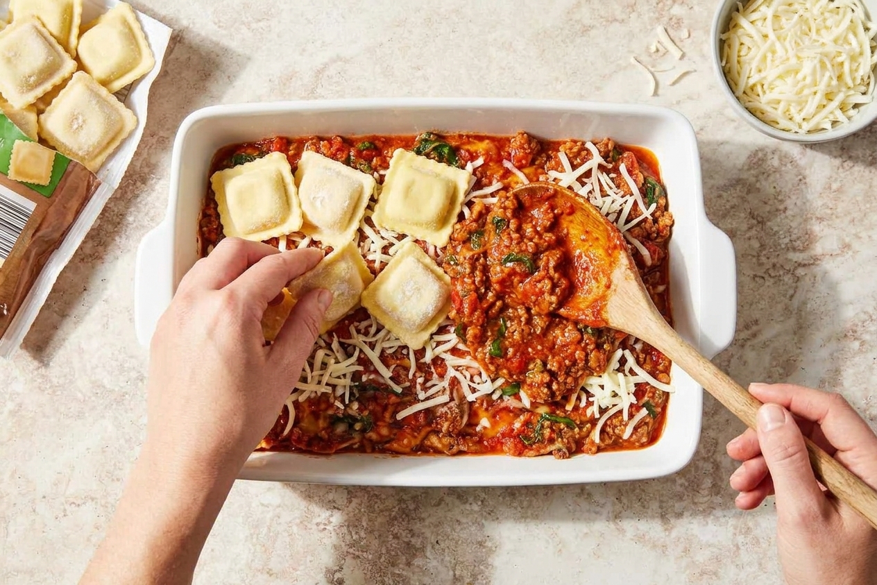 Hands layering frozen ravioli in a rectangular baking dish with spoonfuls of sauce and scattered shredded mozzarella