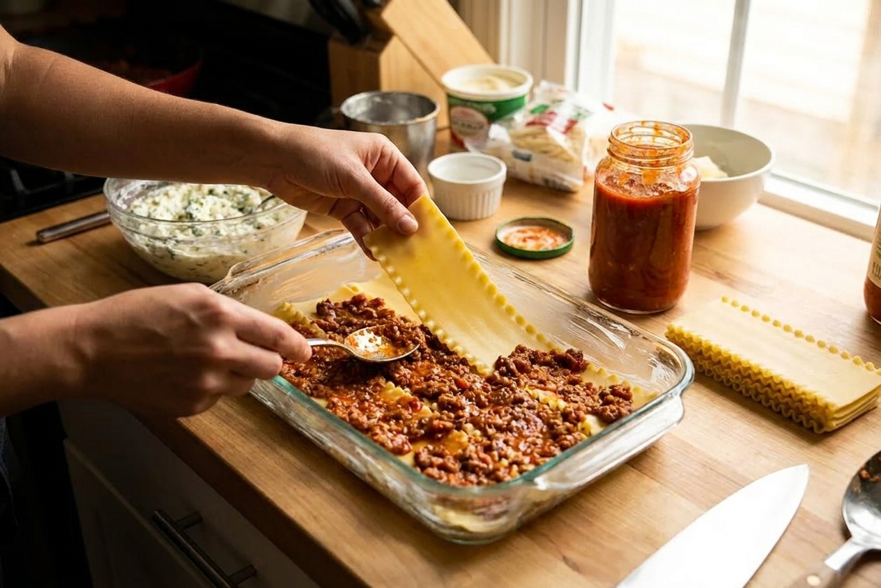 Hands layering lasagna noodles and spooning meat sauce into a greased glass baking dish on a kitchen counter