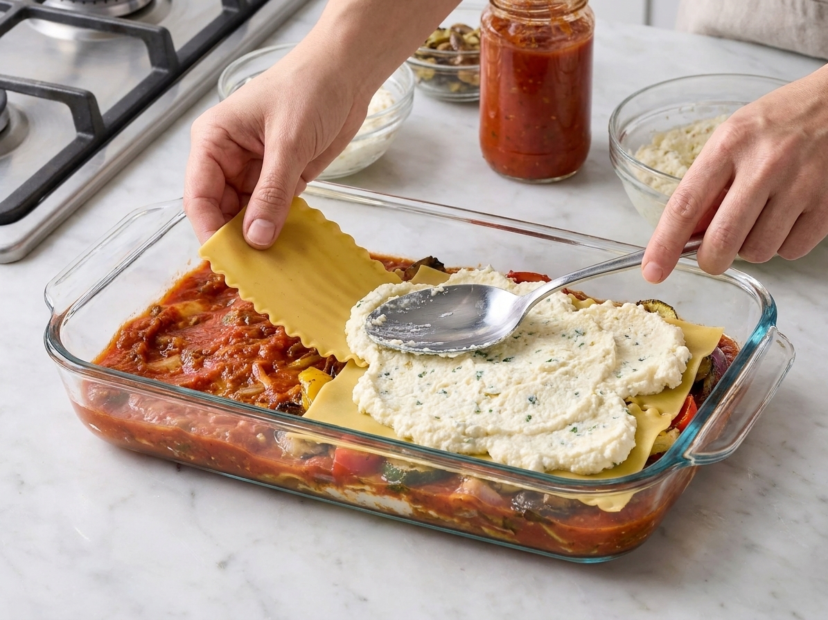 Hands layering lasagna noodles and spooning ricotta mixture over marinara in a glass baking dish on a home kitchen counter