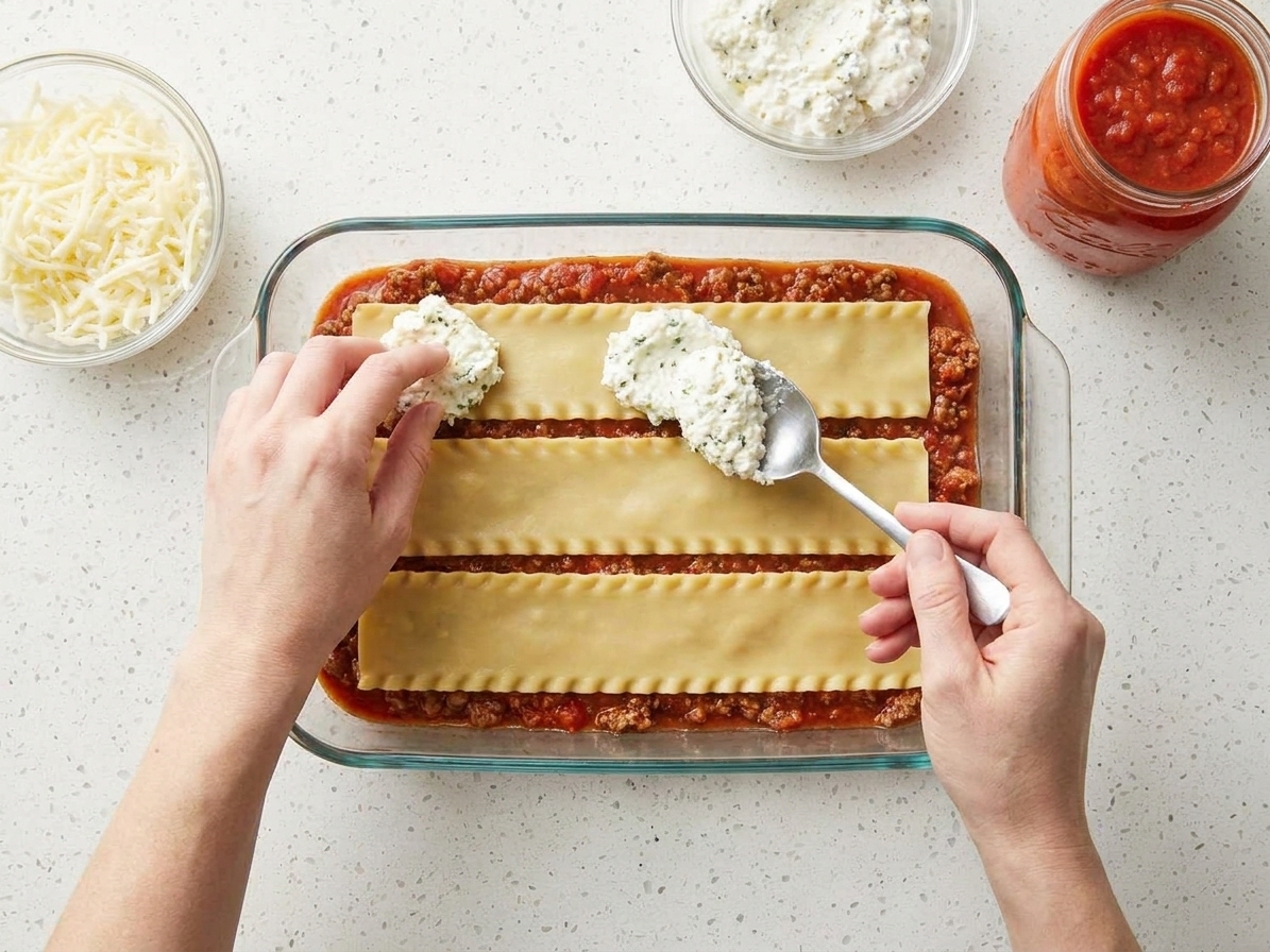 Hands layering lasagna noodles, ricotta mixture, sauce, and shredded mozzarella in a glass baking dish on a kitchen counter