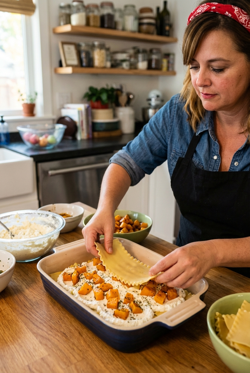 Hands layering lasagna noodles with ricotta mixture and roasted squash in a baking dish