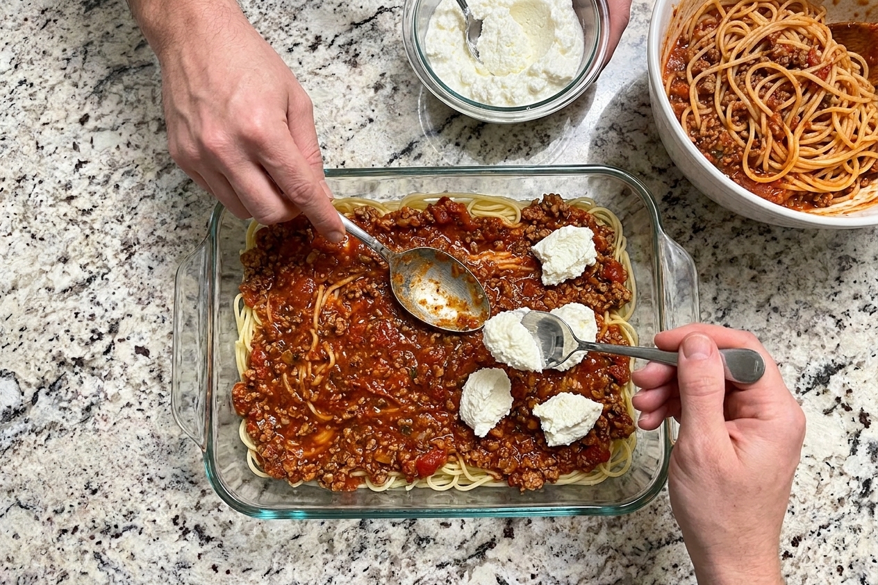 Hands layering sauced spaghetti and ricotta into a rectangular baking dish on a kitchen counter