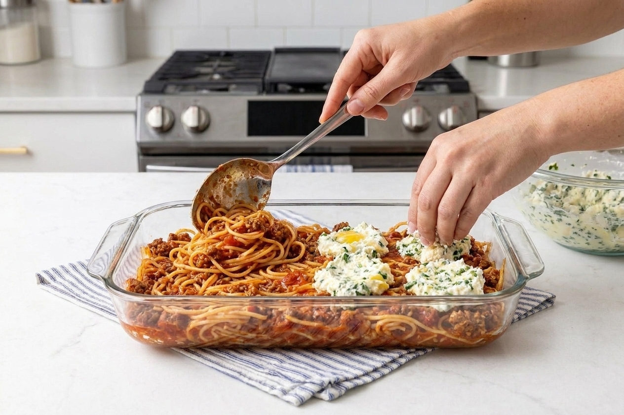 Hands layering sauced spaghetti and ricotta mixture into a rectangular ceramic baking dish on a kitchen counter