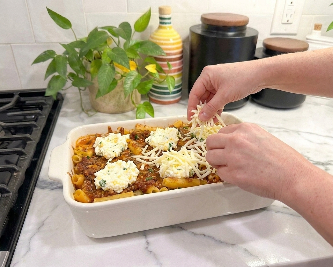 Hands layering sauced ziti into a 9x13 baking dish with dollops of ricotta and shredded mozzarella on a kitchen counter