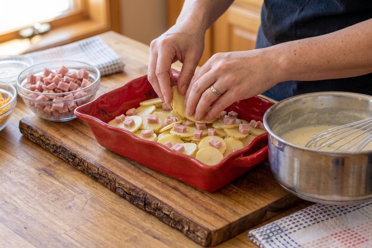 Hands layering sliced potatoes and diced ham in a baking dish on a kitchen counter, sauce nearby