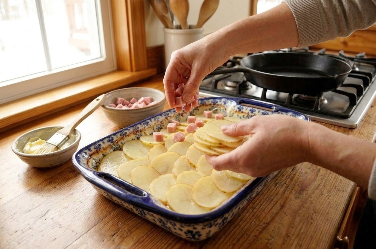 Hands layering thin potato slices and diced ham into a buttered baking dish on a kitchen counter