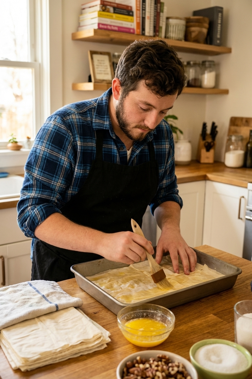 Hands layering thin sheets of phyllo dough into a rectangular baking pan, brushing melted butter over the top with a pastry brush on a wooden countertop, photorealistic kitchen scene