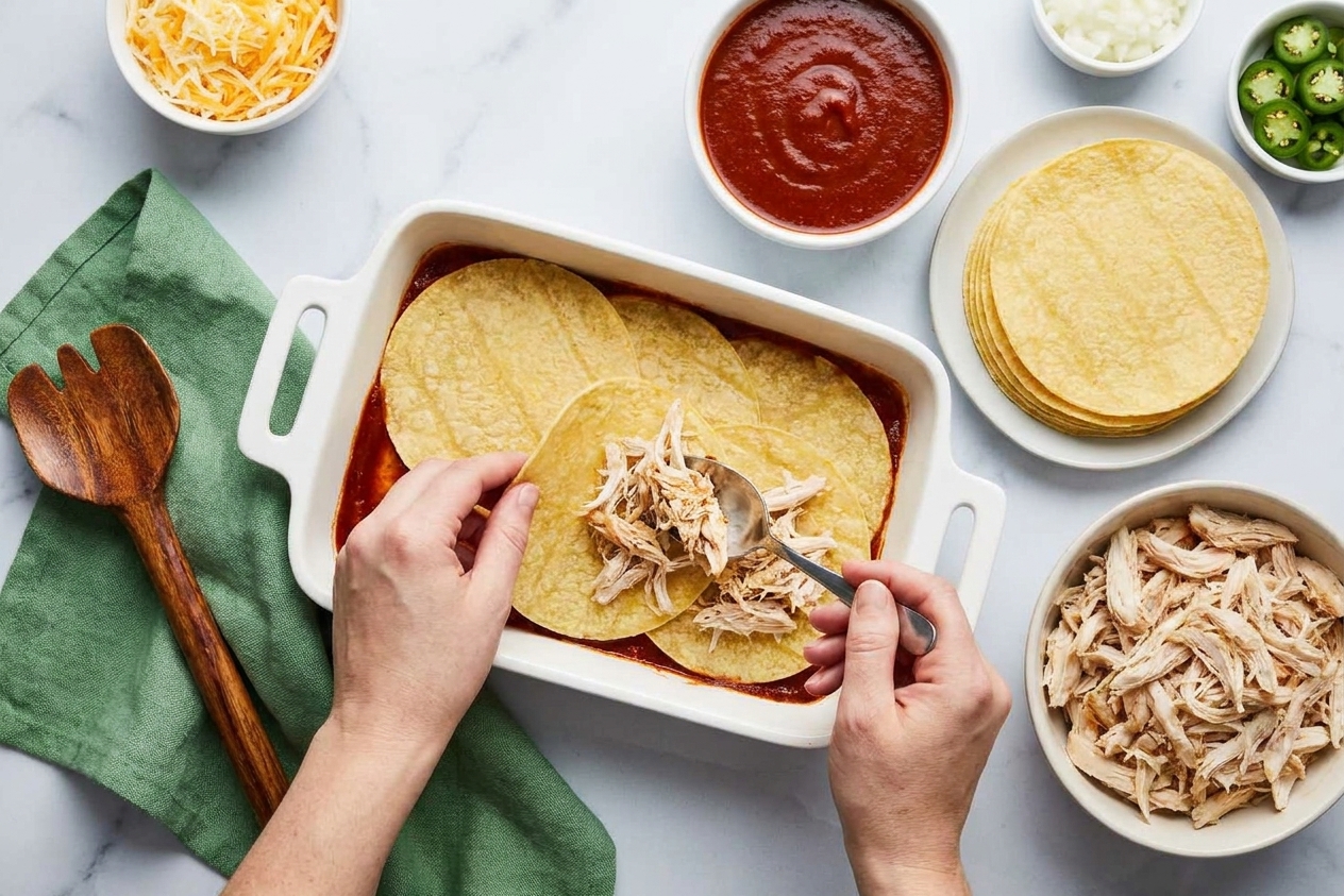 Hands layering tortillas and shredded chicken mixture into a glass baking dish on a kitchen counter with enchilada sauce nearby