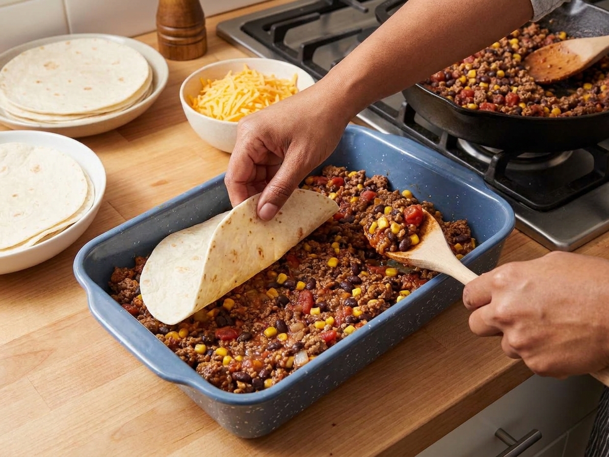 Hands layering tortillas and taco meat mixture in a rectangular baking dish on a kitchen counter