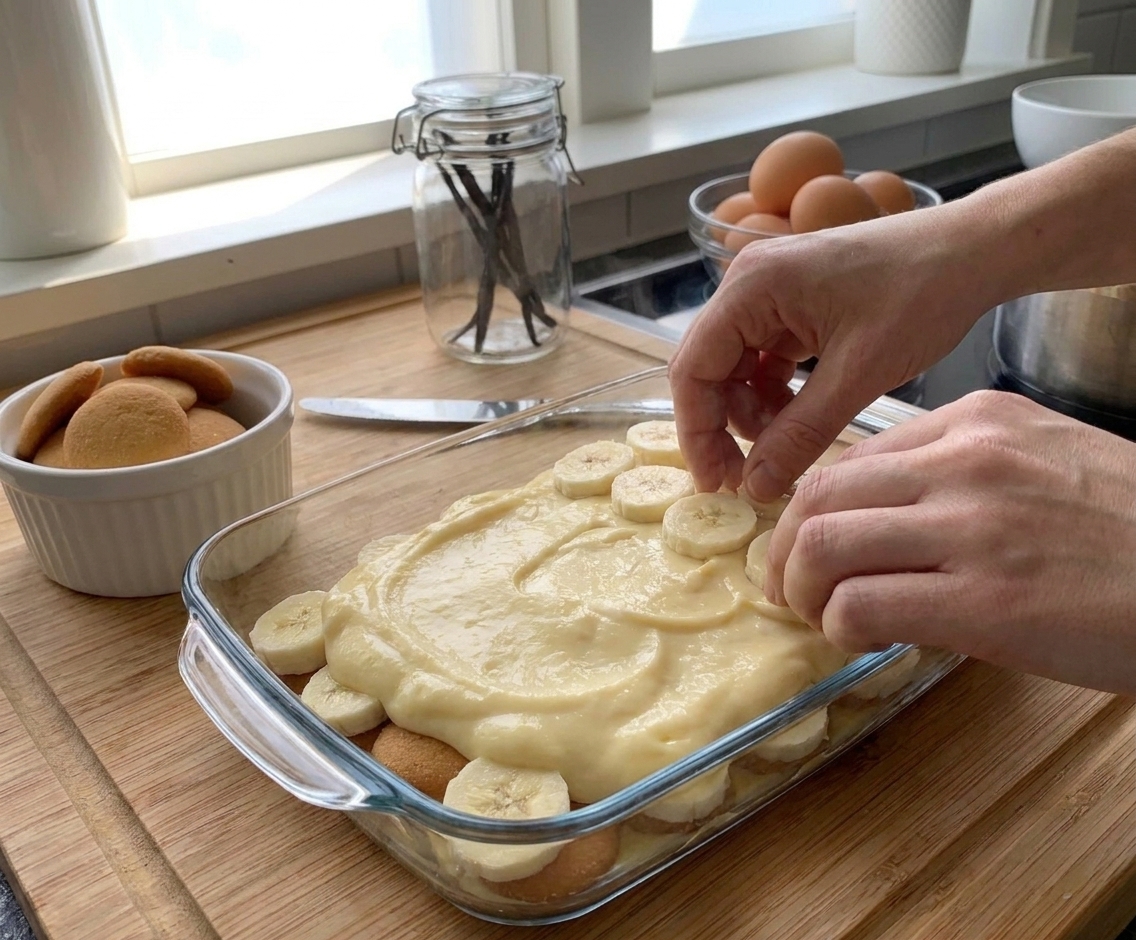 Hands layering vanilla wafers and banana slices in a glass baking dish on a kitchen counter