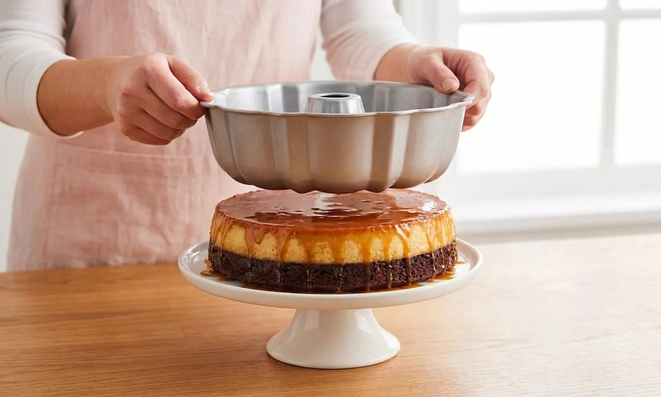 Hands lifting a Bundt pan off an inverted chocoflan on a cake stand, with caramel dripping down the sides