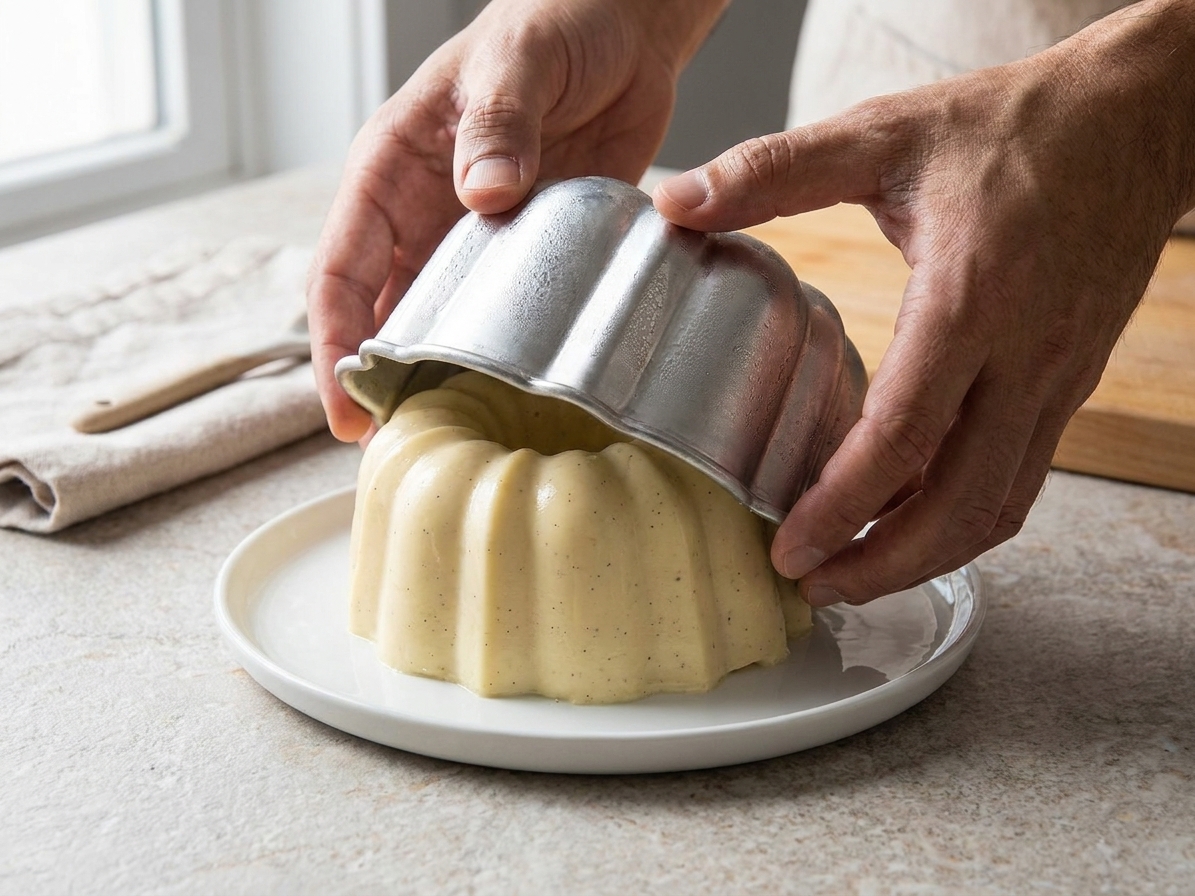 Hands lifting a dessert mold as a set Bavarian cream releases onto a white plate on a kitchen counter